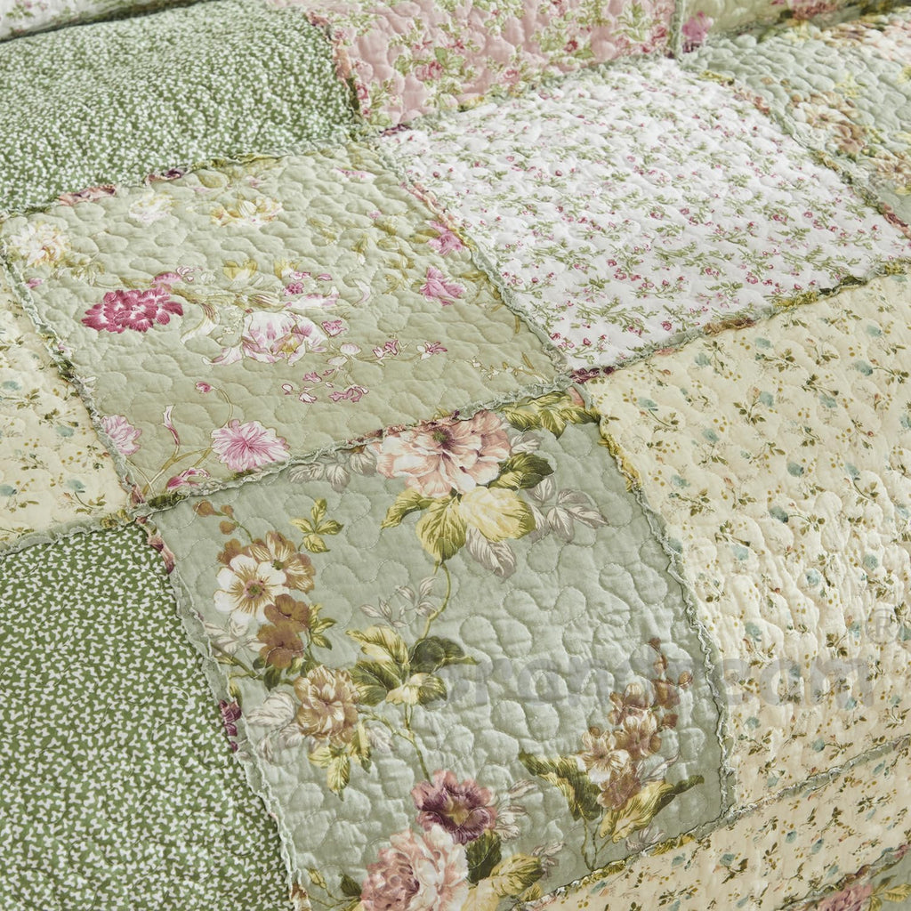 Brandream Patchwork Quilts Queen Size Cotton Green Rose Floral Quilted Comforter Set Country Rustic Coverlet Set 3-Piece