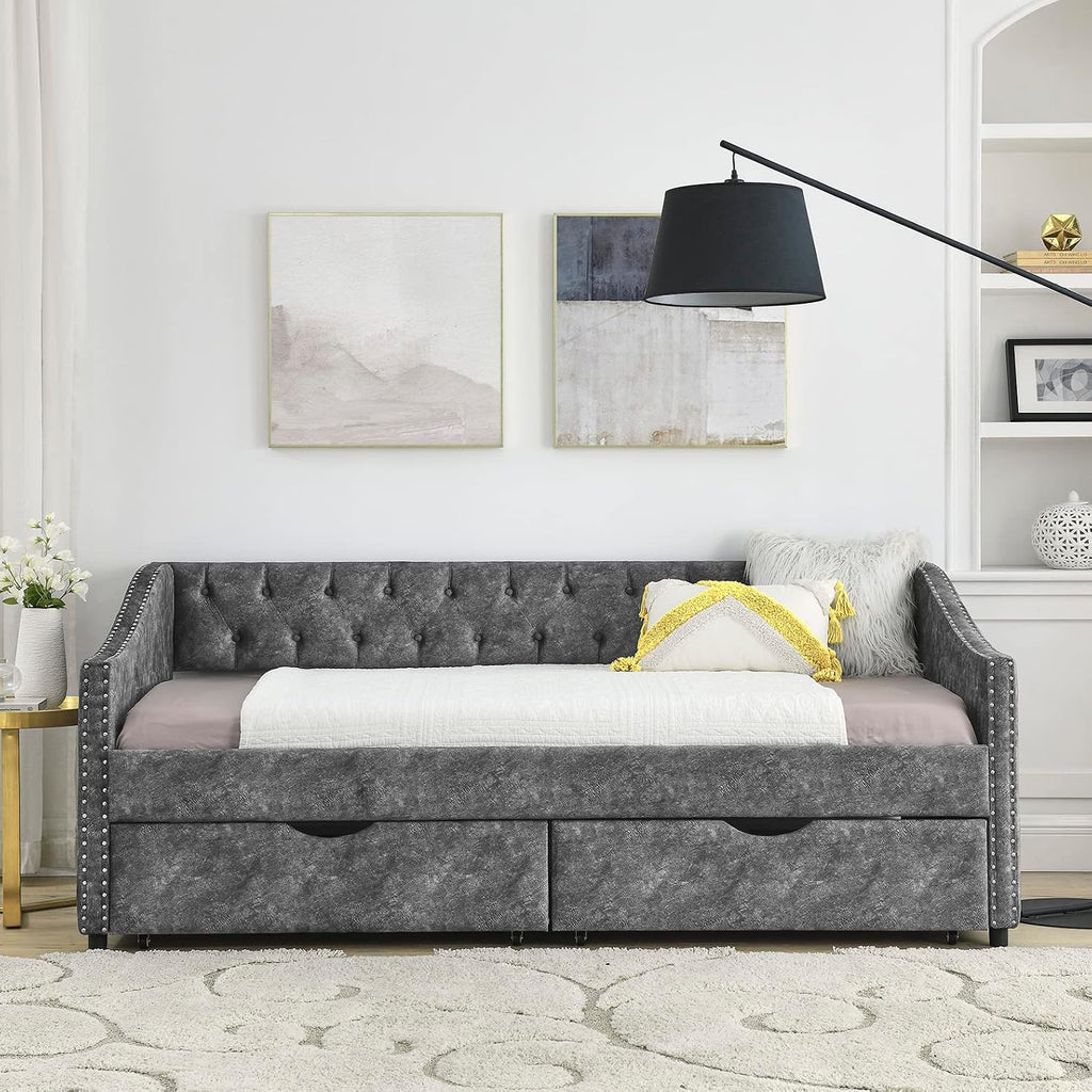 Wood Twin Daybed, Day Bed Frame with 2 Storage Drawers, Upholstered Twin Bed Frame Sofa Couch with Button and Nailhead Design for Bedroom Guest Room, No Box Spring Needed, Grey