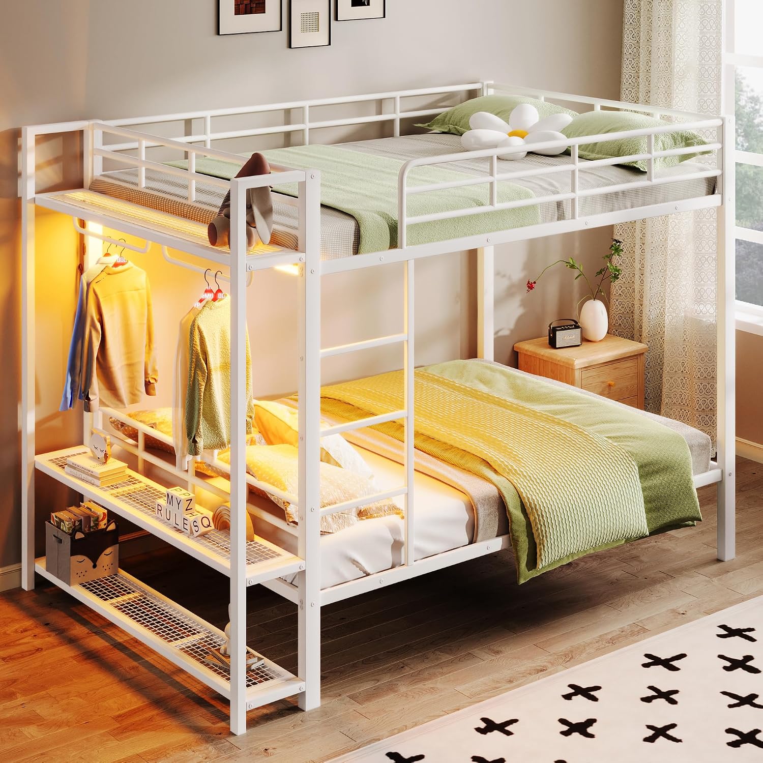 Metal Bunk Bed with Storage Mesh Shelves and Clothes Hooks, Open Storage Shelves, Full Size Bunk Bed with Full-length Reinforced Guardrails for Teens and Adults, No Box Spring Needed (White//96)