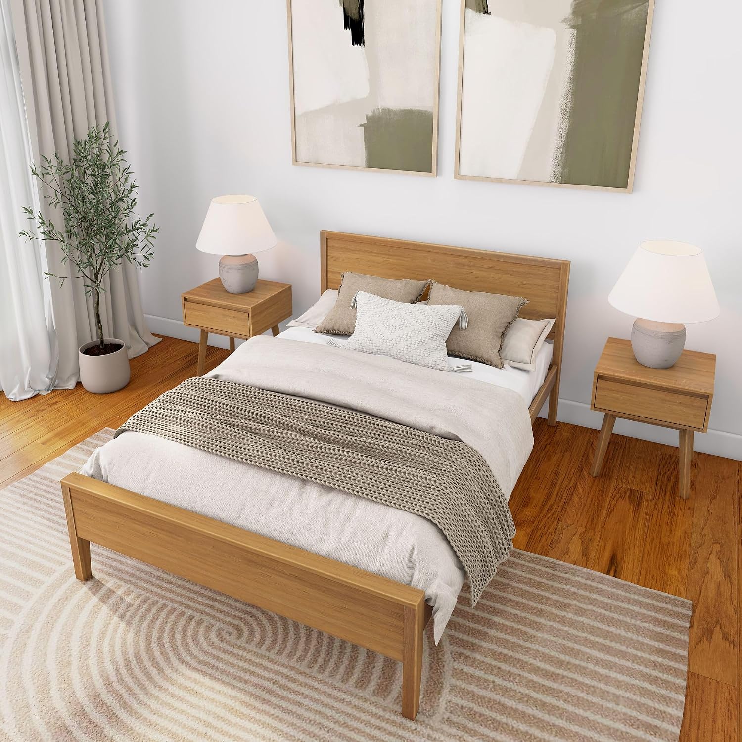 Plank+Beam Solid Wood Full Bed Frame with Panel Headboard, Modern Full Platform Bed with Wood Slat Support, No Box Spring Needed, Pecan