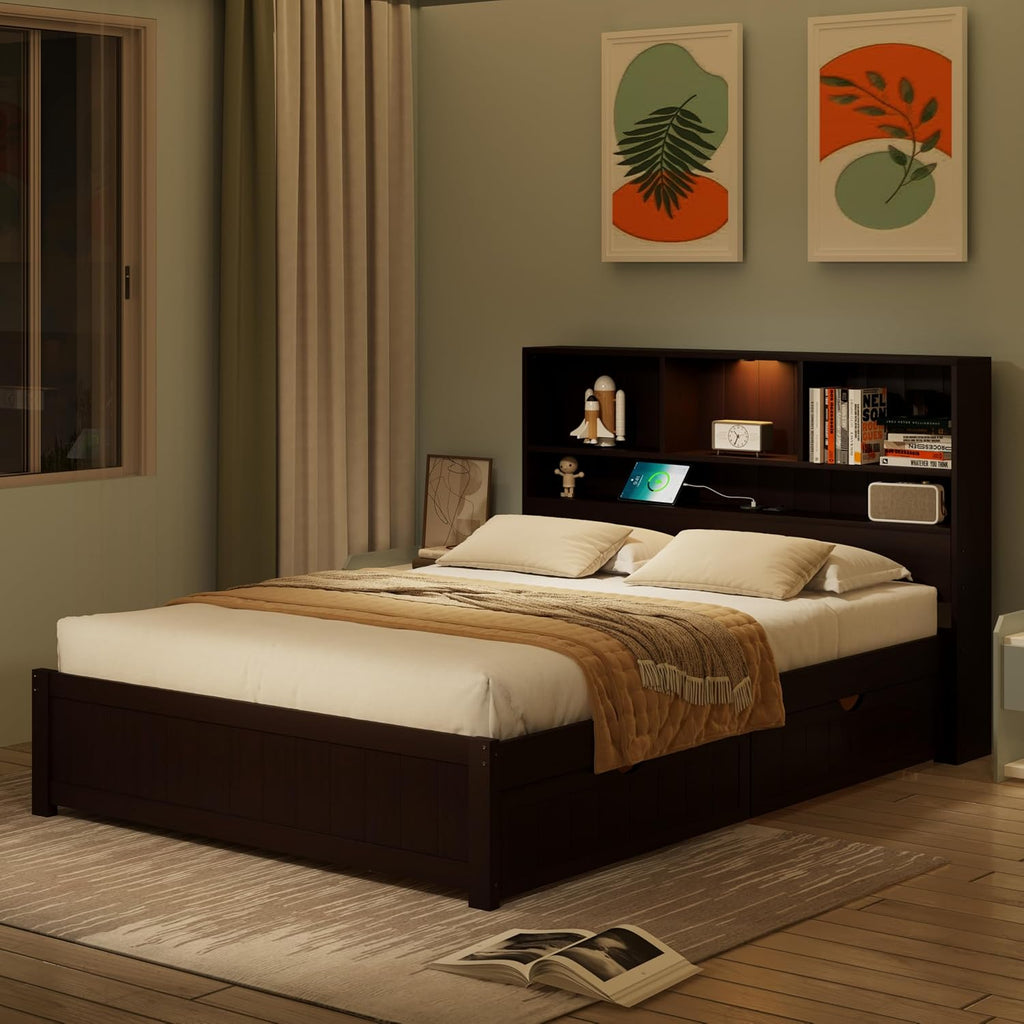LUMISOL Twin Bed Frames with Charging Station and LED Lights, Wood Platform Bed with Bookcase Headboard and 2 Drawers, No Box Spring Needed, Espresso