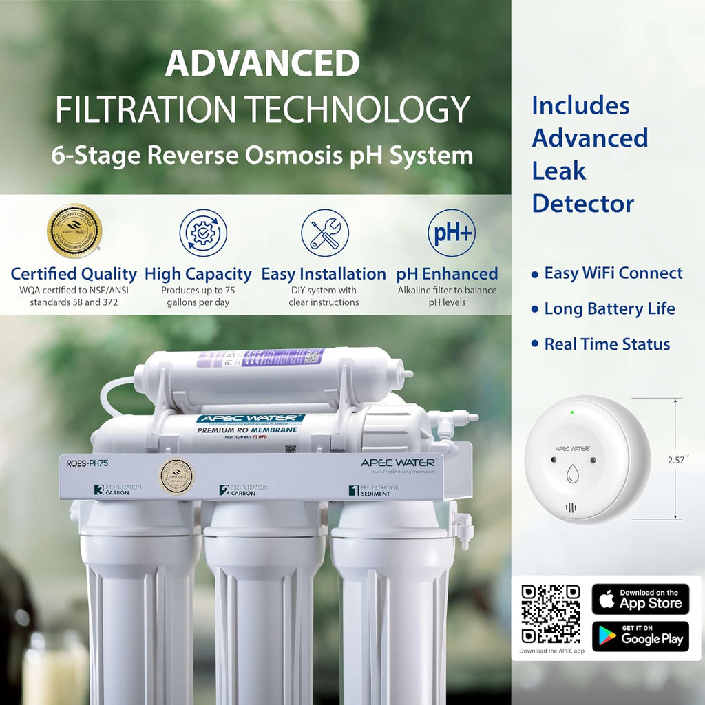 APEC Water ROES-PH75LD 6-Stage Alkaline Under Sink Reverse Osmosis Water Filter System, NSF Certified 372, 75 GPD, Reduces 99% of Impurities