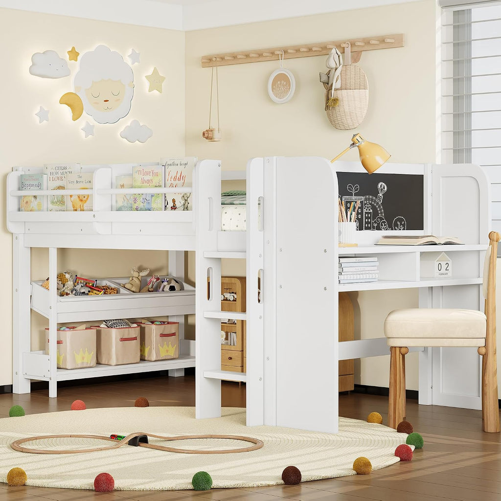 MERITLINE Twin Loft Bed with Desk & Blackboard, Twin Multi-Functional Bed with Storage, All-in-One Study & Play Design, White