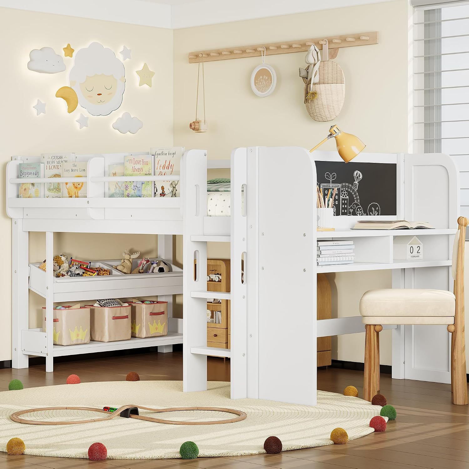 MERITLINE Twin Loft Bed with Desk & Blackboard, Twin Multi-Functional Bed with Storage, All-in-One Study & Play Design, White