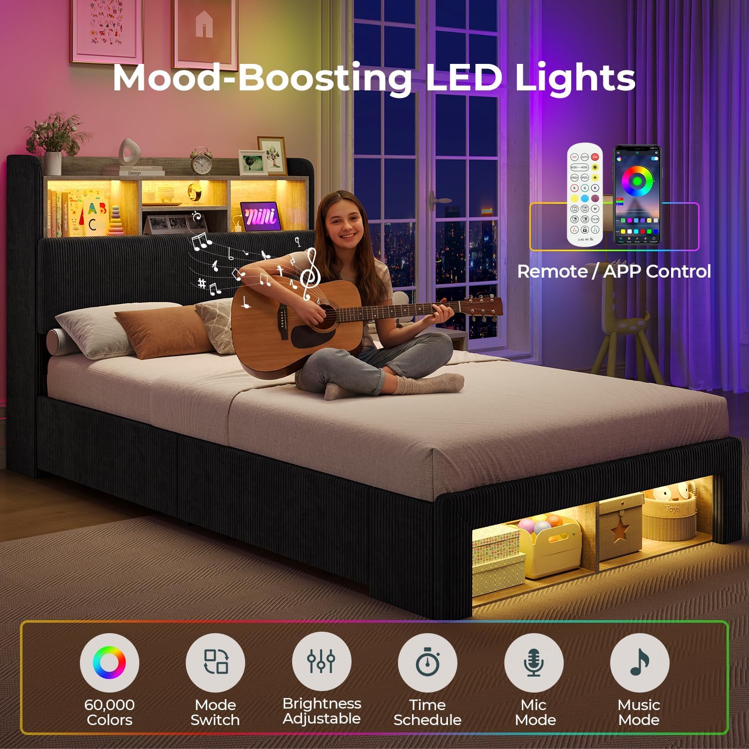 ADORNEVE Twin Bed Frames with 4 Storage Drawers, 2 Footboard Cubbies and RGB Lights, Corduroy Upholstered Platform Bed with Charging Station and Storage Headboard, No Box Spring Needed, Black
