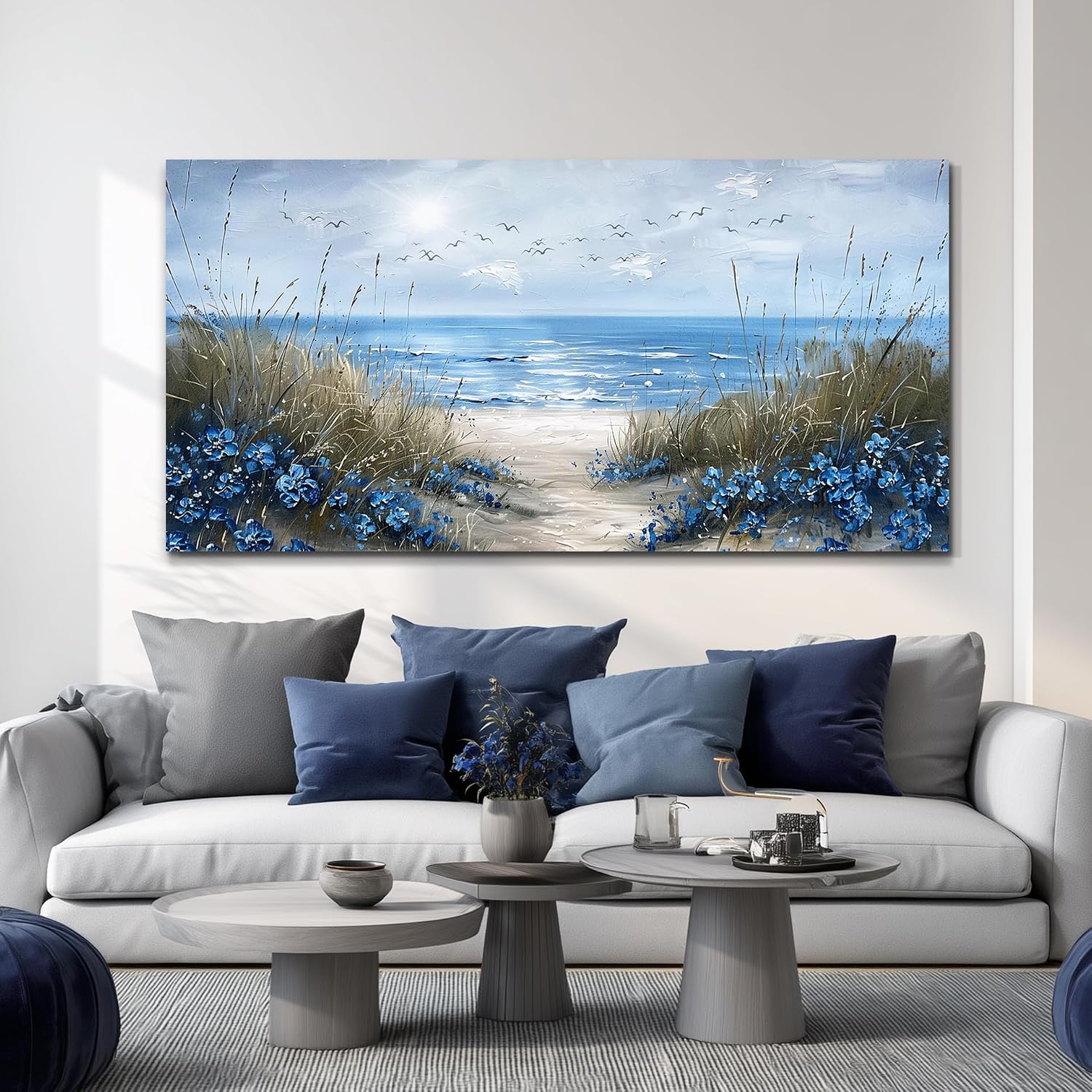 KELIYUAN Large Wall Decor For Living Room Canvas Wall Art For Office Bedroom Aesthetic Blue Ocean Sea Wave Wall Painting Artwork Pictures Modern Beach Posters Ready To Hang Home Decoration 30'x60'