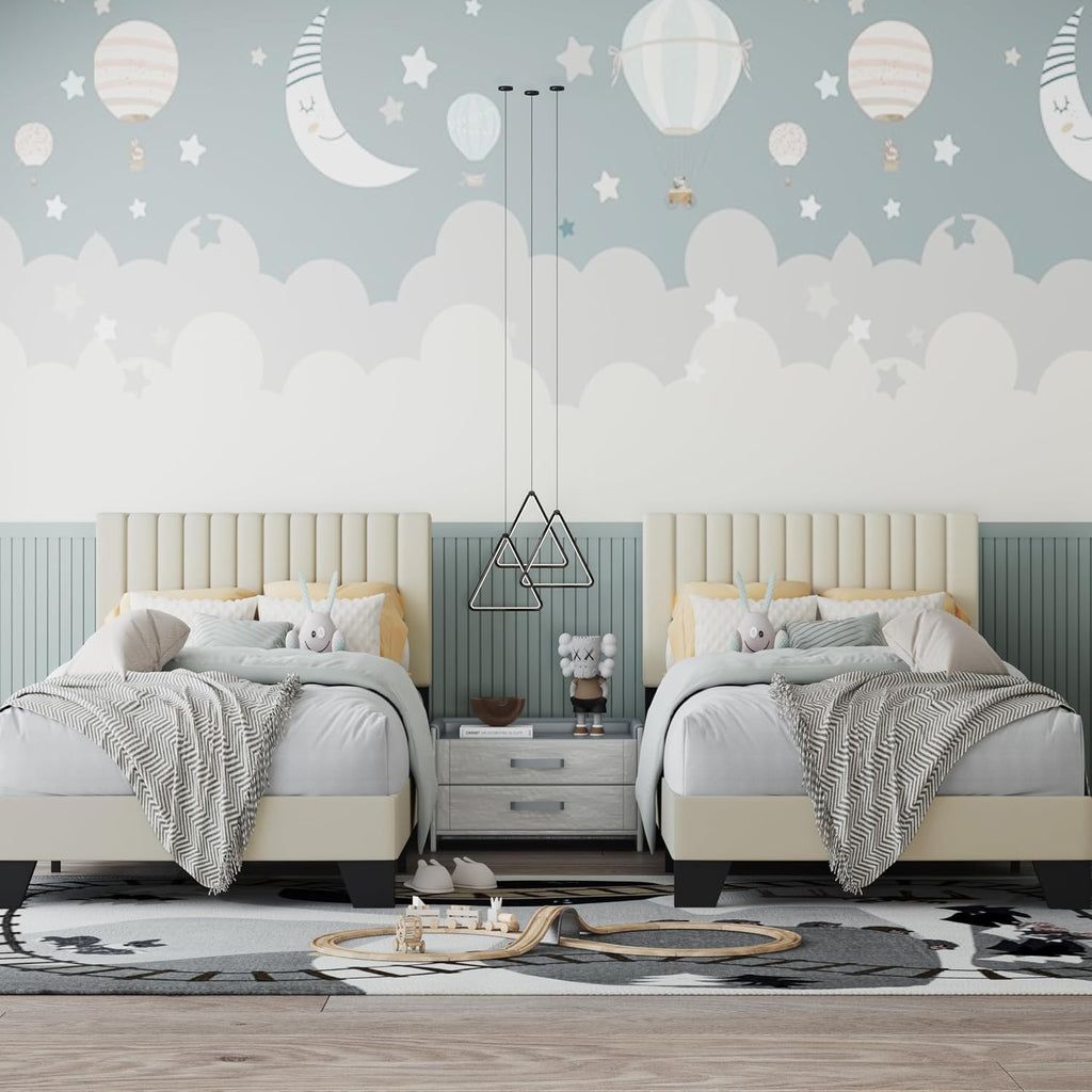 Twin Bed Frame, Velvet Upholstered Platform Bed Frame with Adjustable Headboard, Vertical Quilted Design, Sturdy Slatted Mattress Base, Easy to Assemble, White