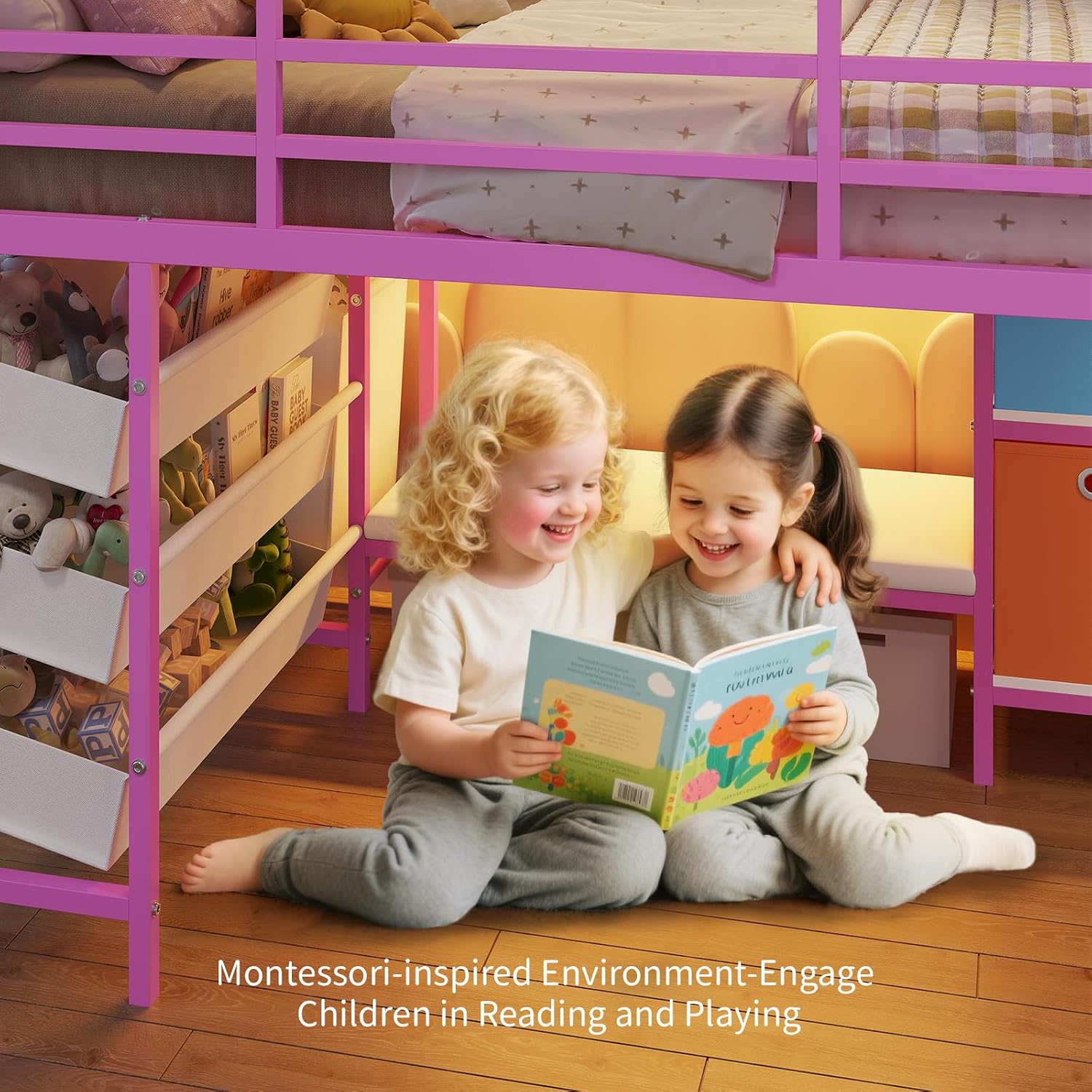 DICTAC Low Twin Size Loft Bed with Reading Corner and Bookshelf,Metal Twin Loft Bed with LED Lights,3 Sling Drawers&2 Movable Storage Bins,loft bed for Kids with 13.98'H Safety Guardrail & Stairs,Pink