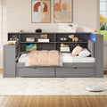 Twin Size Platform Bed with Storage Shelves and Drawers, Solid Wood Daybed with Charging Station, LED, Desk and Upholstered Headboard for Living Room Bedroom (Grey-JU11)