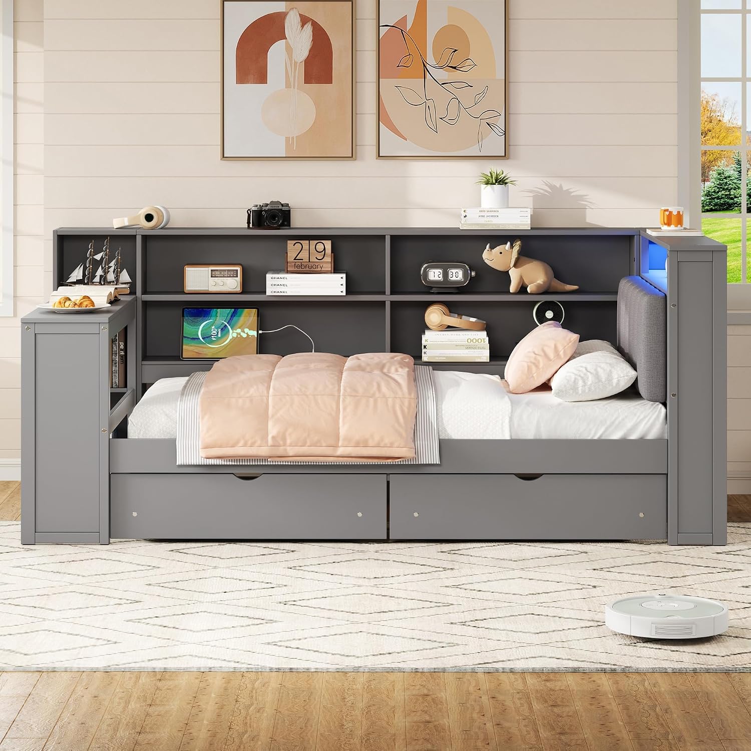 Twin Size Platform Bed with Storage Shelves and Drawers, Solid Wood Daybed with Charging Station, LED, Desk and Upholstered Headboard for Living Room Bedroom (Grey-JU11)