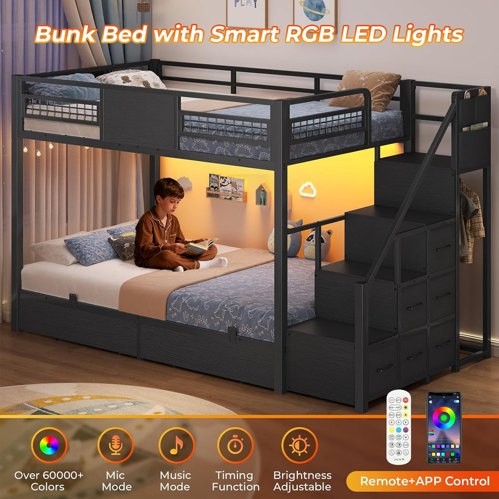 BTHFST Bunk Bed Twin Over Twin with Stairs, LED Lights Twin Bunk Bed with 2 Storage Drawers & 6 Fabric Drawers, Metal Twin Loft Beds with Guardrail & Stairs, Space Saving, Sturdy Frame for Teens