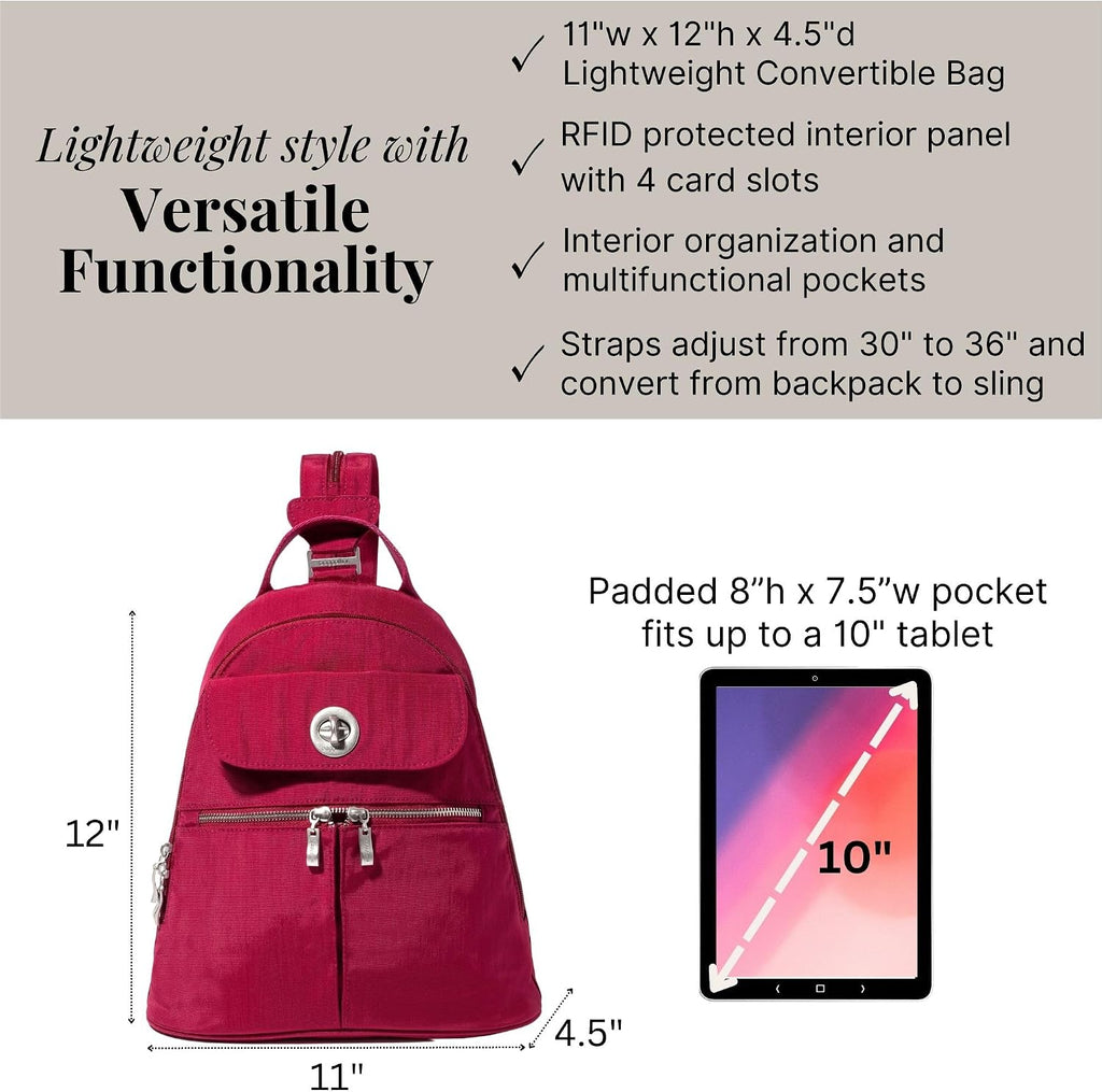 Baggallini Naples Convertible Backpack - Travel Sling Crossbody - 12' Nylon Handbag w/ RFID & Padded Tablet Sleeve
