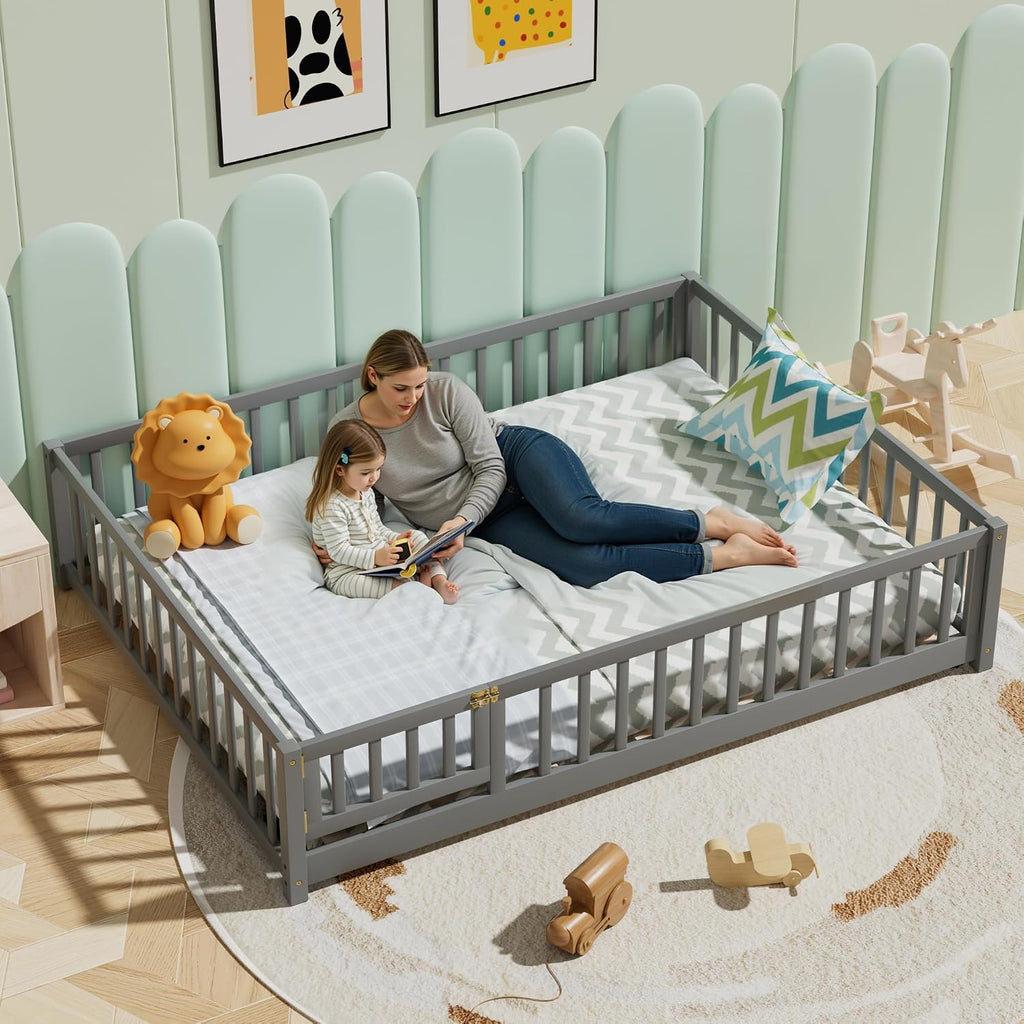i-POOK Full Floor Bed for Children, Sturdy Wood Montessori Bed Frame with Wood Slats, Fence & Door for Girls and Boys, Gray (with Bed Slats)