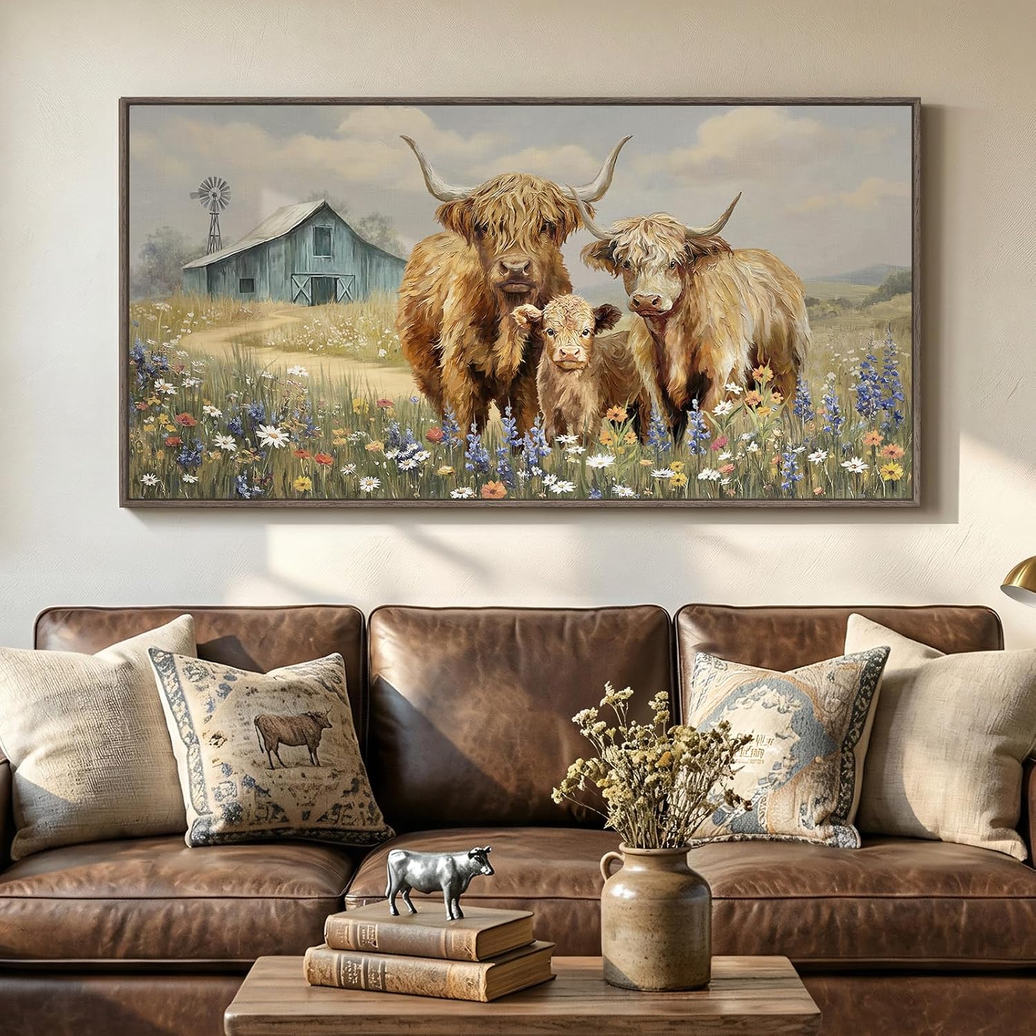 Large Framed Highland Cow Wall Art for Living Room, Vintage Neutral Farmhouse Canvas Prints, Rustic Country Barn Wall Decor for Bedroom Dining Room Hallway 30x60 Inch