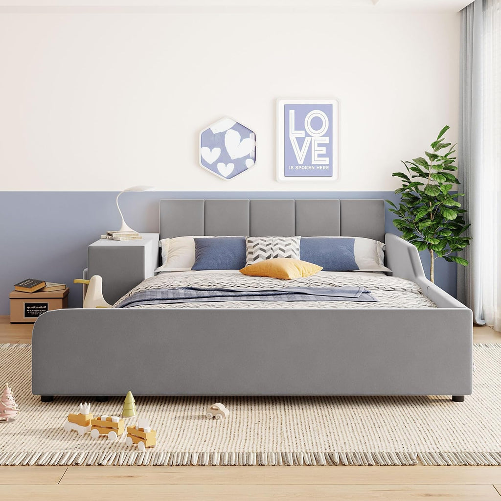 Full Size Upholstered Grounded Bed, Mother & Child Bed with Bedside Desk and Little Round Stool (Gray)