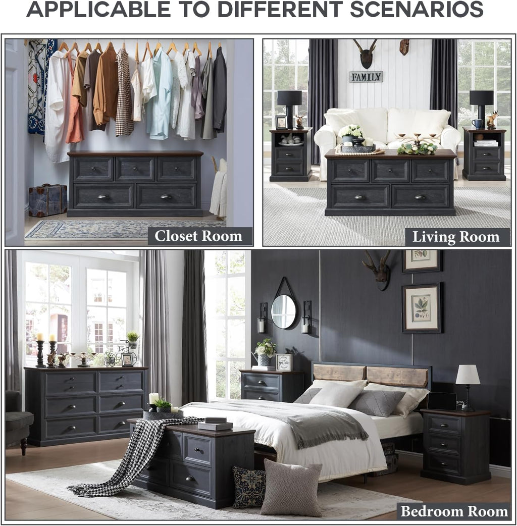 IFGET Farmhouse 5 Drawers Dresser for Bedroom, 45' Wide Chest of Drawers, 21' Tall Storage Closet Bench Storage Chest Storage Trunk, Wood Rustic Dresser for Closet, Living Room, Hallway, Dark Grey