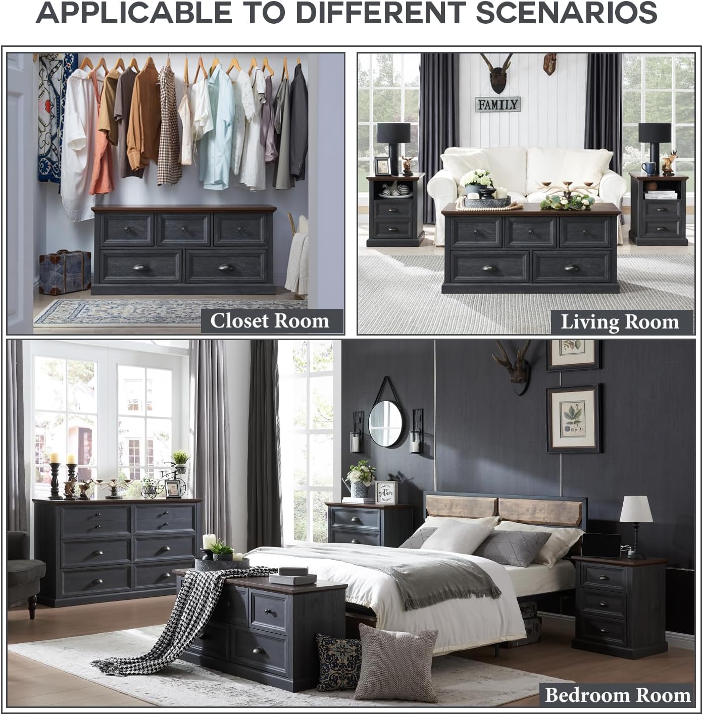 IFGET Farmhouse 5 Drawers Dresser for Bedroom, 45' Wide Chest of Drawers, 21' Tall Storage Closet Bench Storage Chest Storage Trunk, Wood Rustic Dresser for Closet, Living Room, Hallway, Dark Grey
