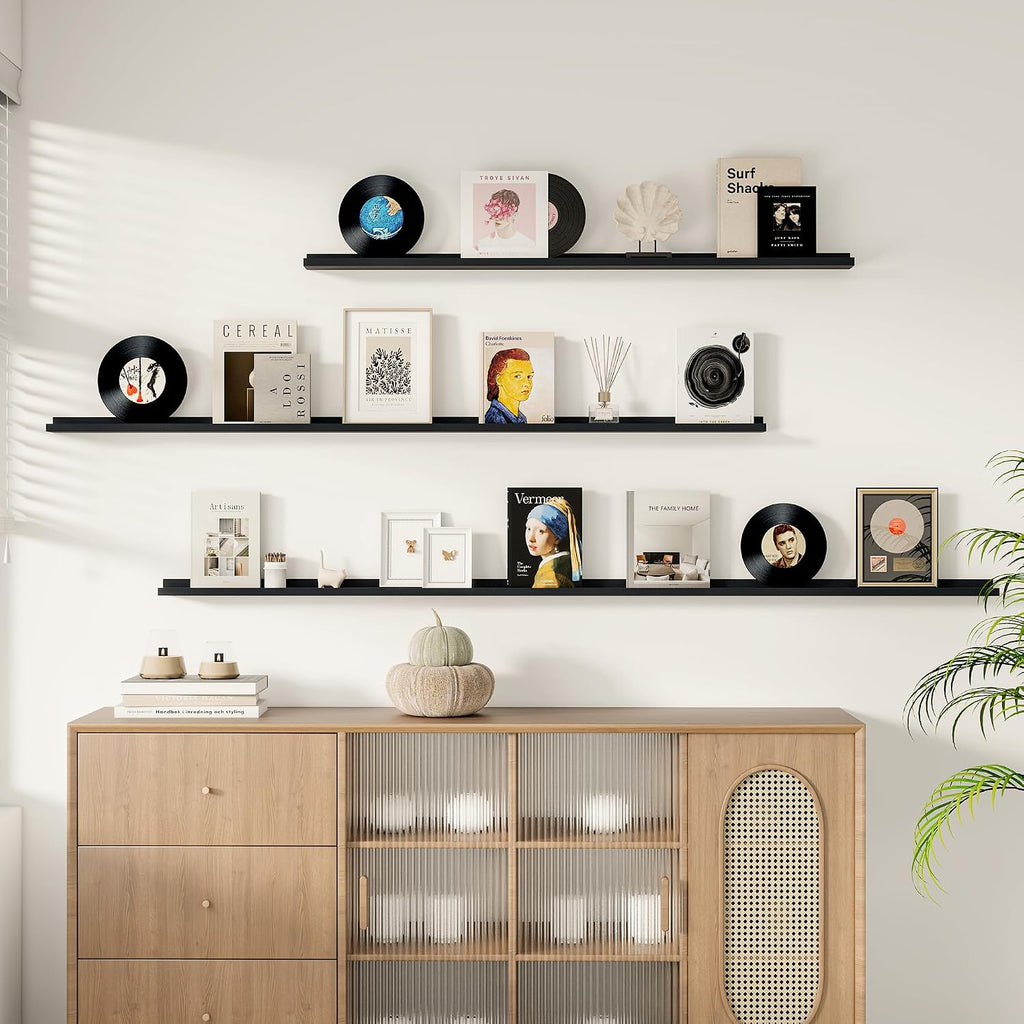 Floating Picture Ledge Shelves for Wall Set of 2, 84 Inches Picture Ledge Shelf with Long Large Nursery Book Shelf for Toys Storage Kids Bookshelf Wall Mounted Living Room Bedroom Decor Frames, Black