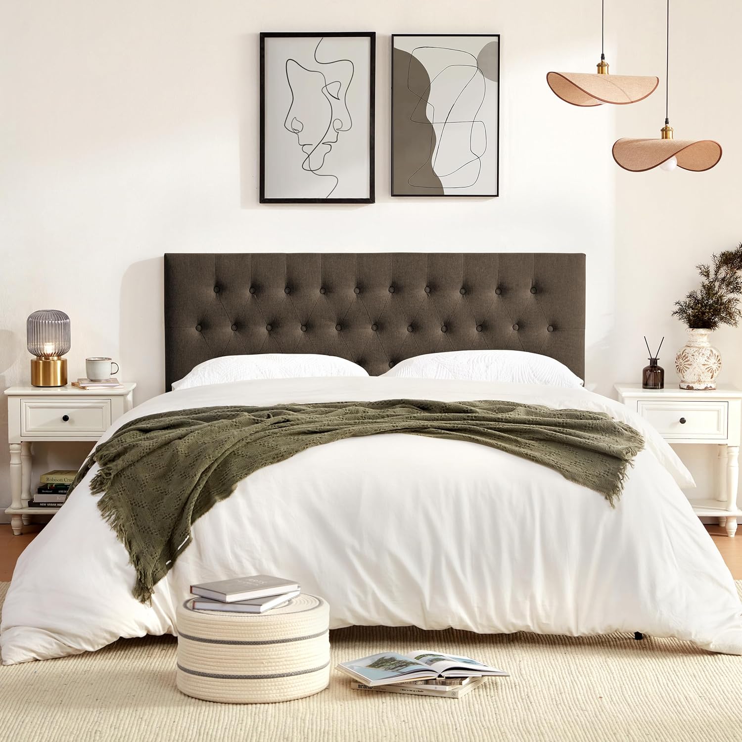 Huatean Home Tufted Upholstered Headboard Full Size, Solid Wood Head Board with Durable Metal Legs, Adjustable Height Bed headboard from 37' to 51' Fabric Headboard in Modern Button Design, Chocolate