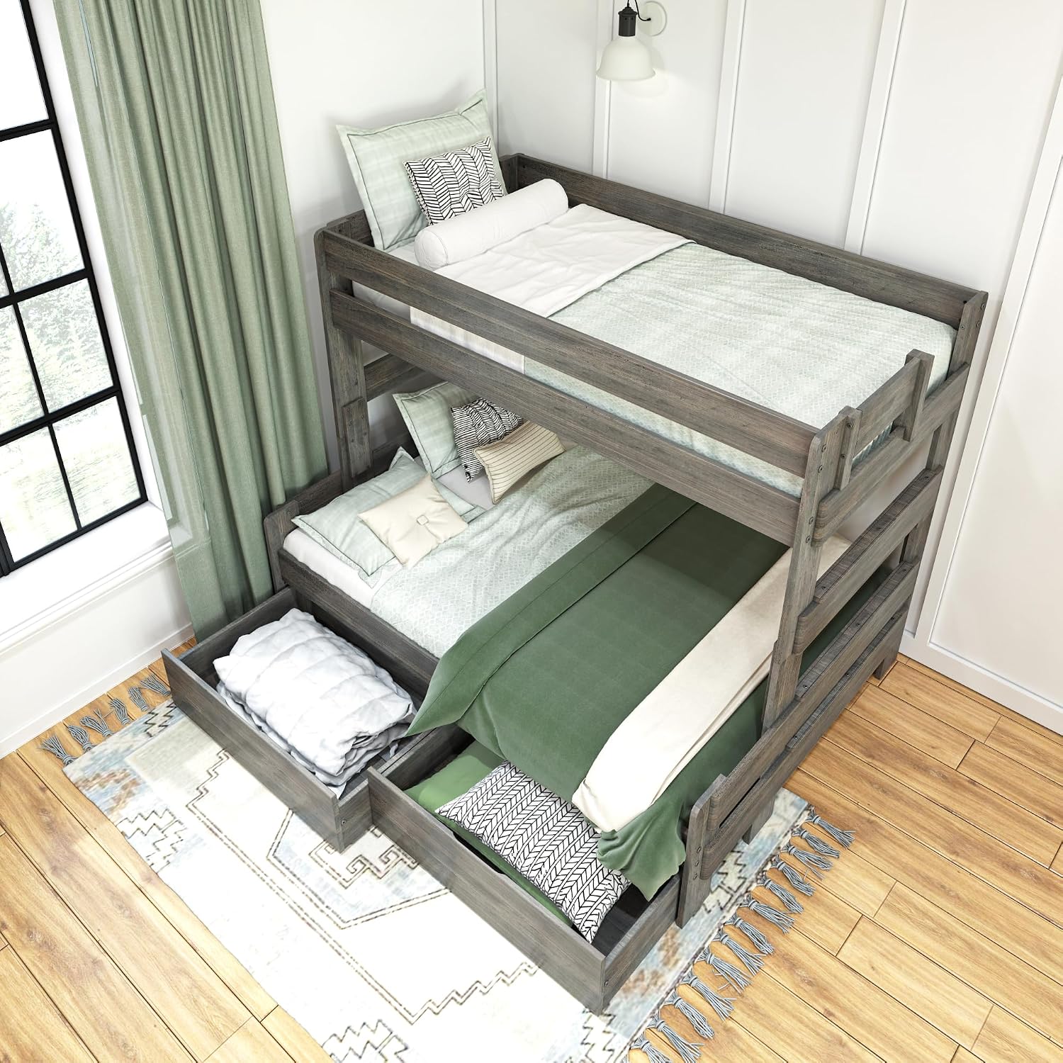 Max & Lily Modern Farmhouse Twin/Full Bunk Bed with Storage Drawers, Driftwood