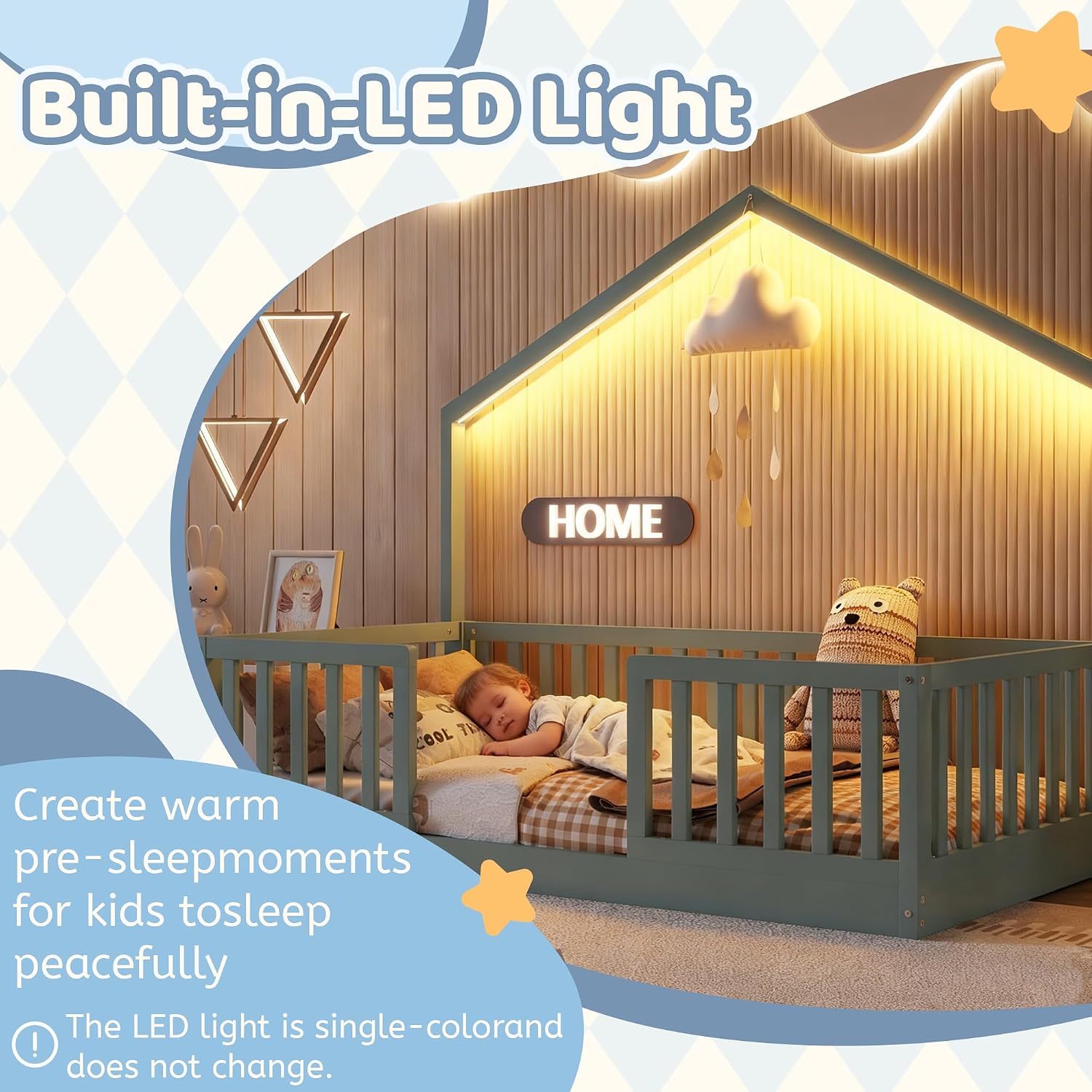 Twin Montessori Floor Bed with High Rails, Wooden Montessori House Bed Twin with Light & Slats, Low Profile Beds for Kids Girls Boys, Gray