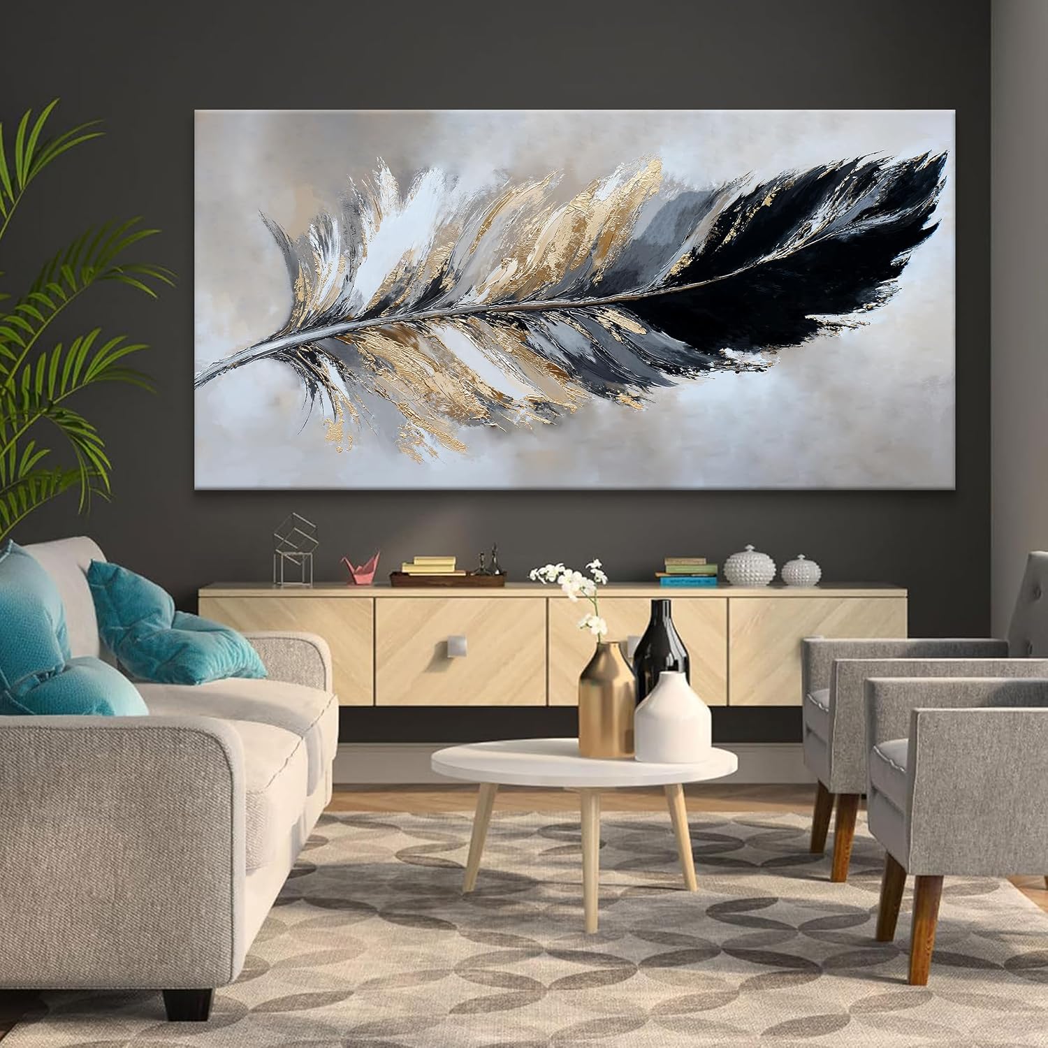YISXINOAG Modern Abstract Wall Art Canvas Art Wall Decor Black and Gold Large Wall Art for Living Room Modern Home Decorations Abstract Art Prints Minimalist Feather Home Artwork Size 39'X78'