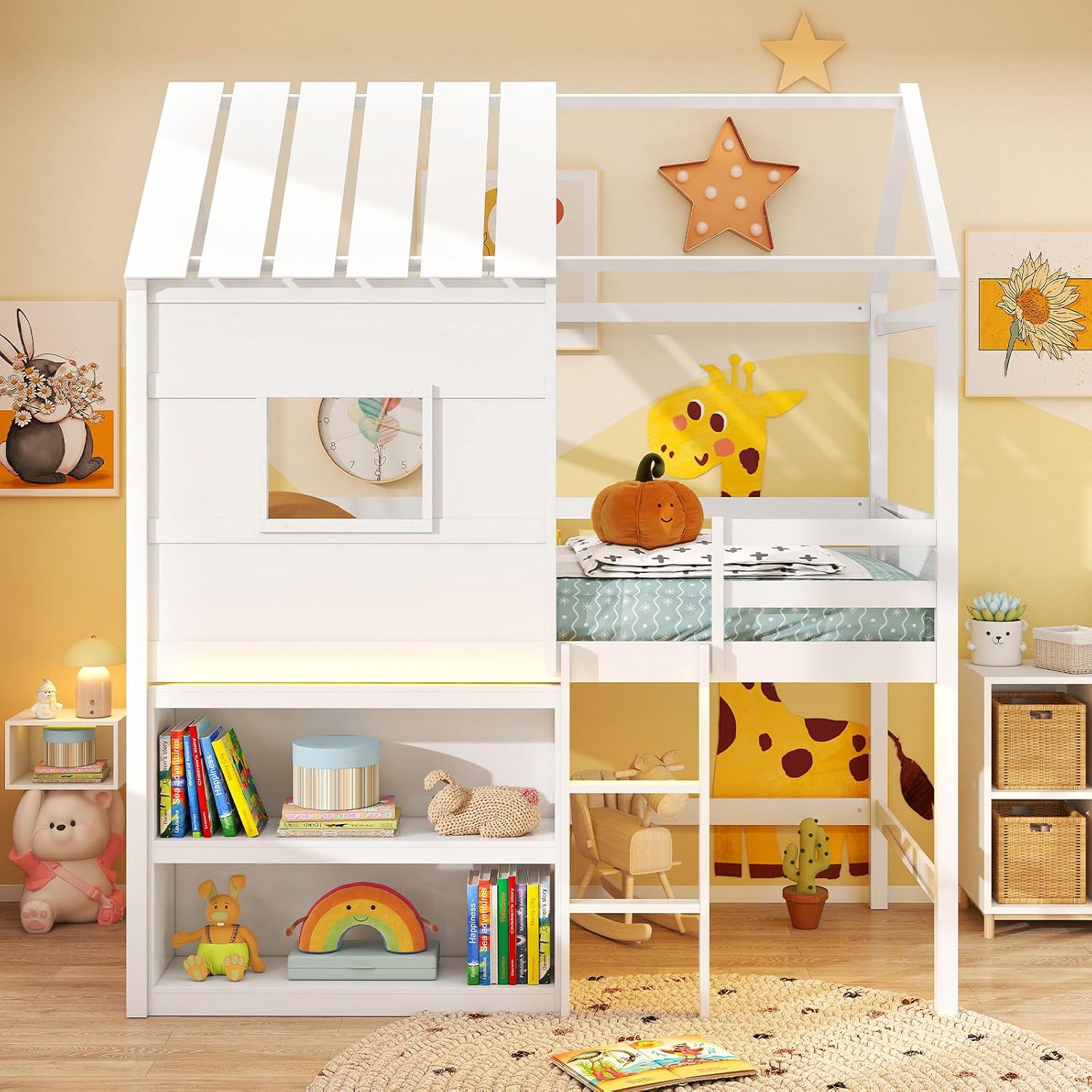 Giantex Twin Size House Loft Bed, Low Loft Bed with Roof, Window, LED Lights & Storage Bookshelf, Solid Wood Bedframe w/Ladder, Safety Guardrail, Under-Bed Play Space for Kids Boys Girls, White