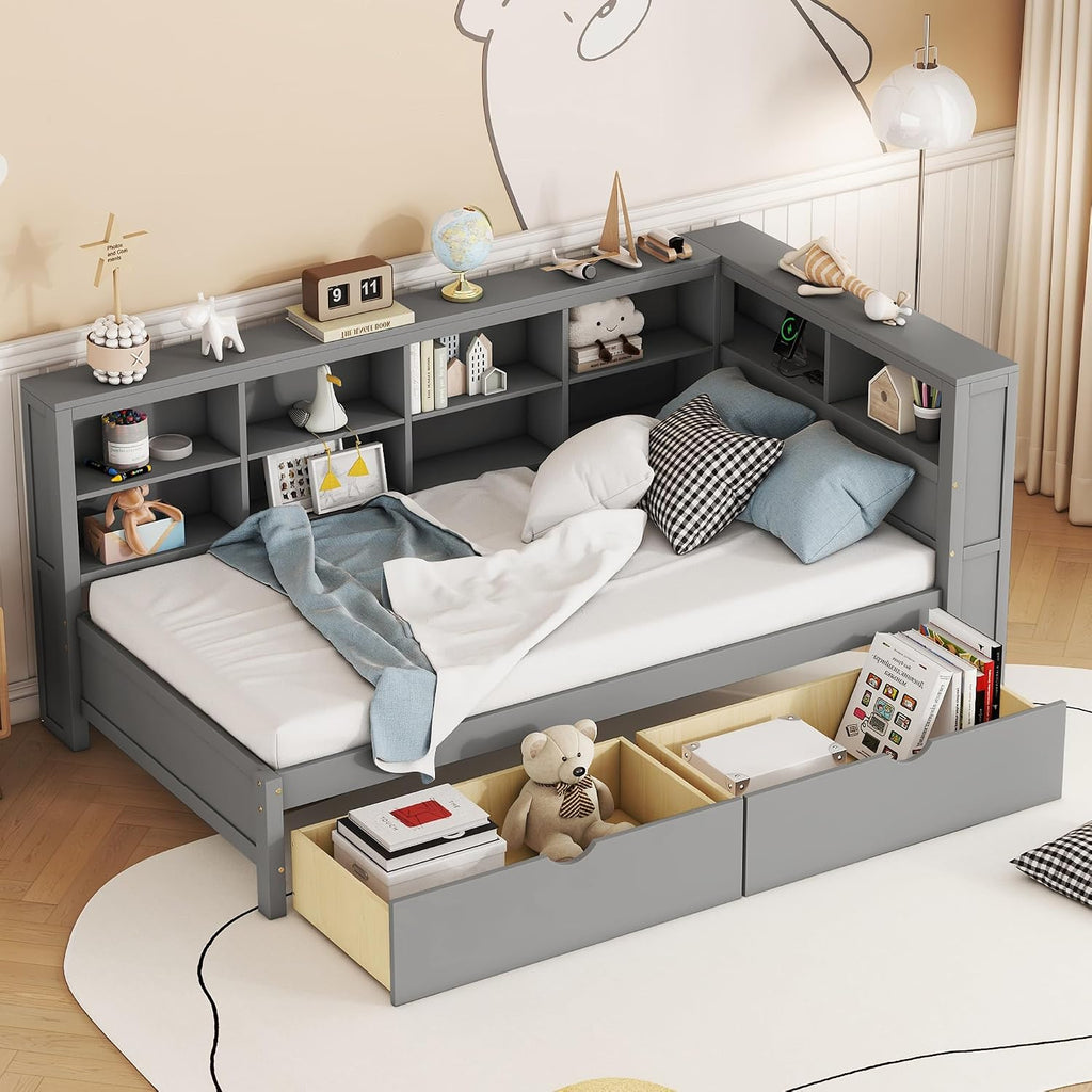 Twin Size Daybed with 2 Drawers,Minimalist Wooden Sofa Bed Frame with Storage Shelf and USB Charging Ports for Bedroom, Studyroom, Guestroom, Livingroom (Grey-wd56)