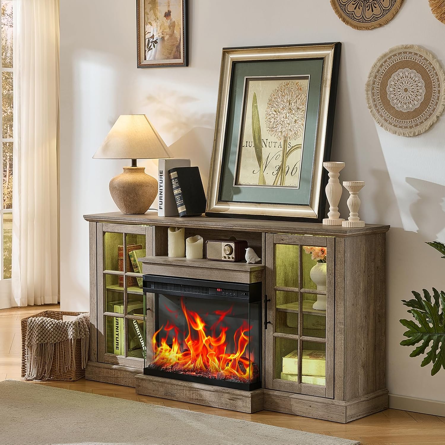 ROCKPOINT 3 Sided Glass 59' Fireplace TV Stand for TVs up to 65inch, Media Entertainment Center with Glass Door Storage Cabinet,24' Electric Fireplace with LED Light and Flame Colors,Grey