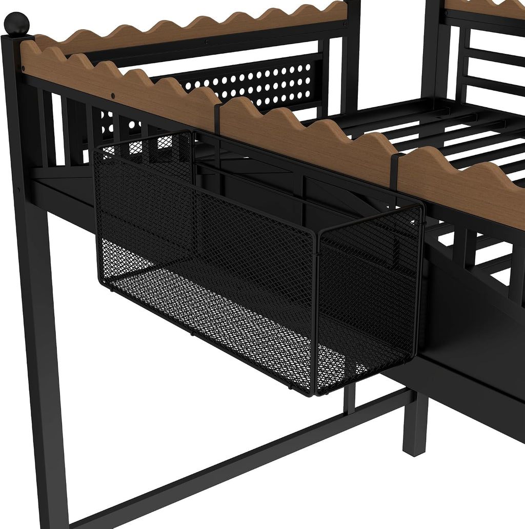 JIVOIT Metal Loft Bed with Built-in Storage Shelves and Bookshelf, Full Size Metal Loft Bed with Safe Ladder & Guardrail, Space-Saving Loft Bed, No Box Spring Needed and Chic Design