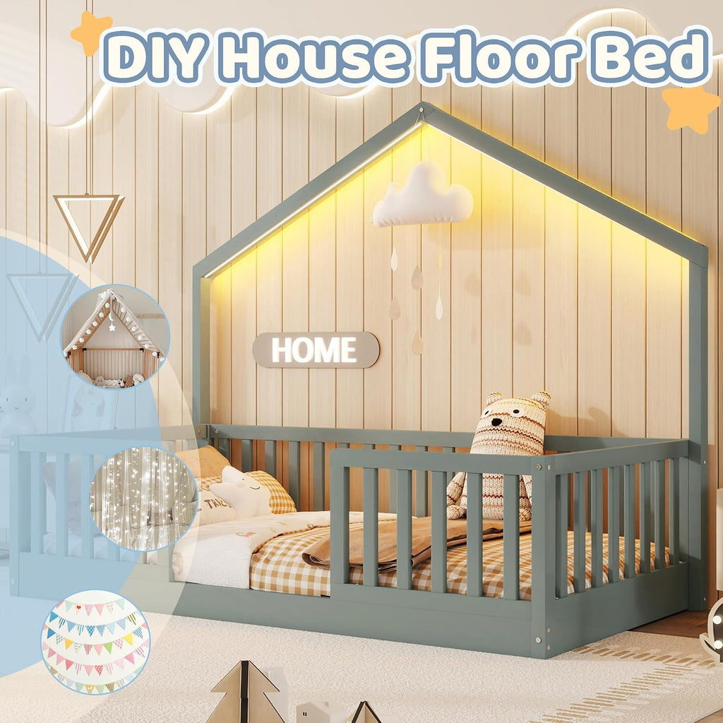 Twin Montessori Floor Bed with High Rails, Wooden Montessori House Bed Twin with Light & Slats, Low Profile Beds for Kids Girls Boys, Gray