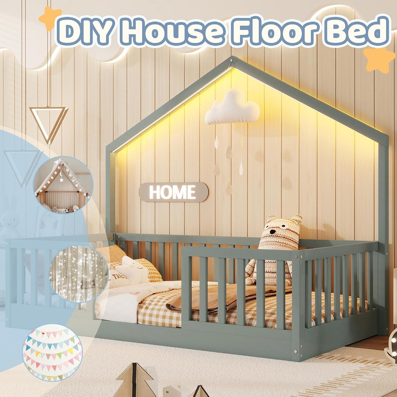 Twin Montessori Floor Bed with High Rails, Wooden Montessori House Bed Twin with Light & Slats, Low Profile Beds for Kids Girls Boys, Gray
