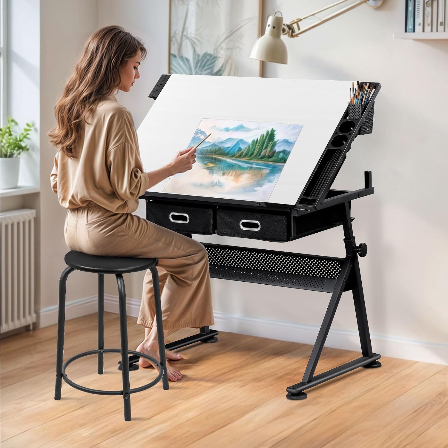 ZENY Adjustable Drafting Table with Stool, Tilting Drawing Desk Artist Table with Storage Drawers, Art Craft Workstation for Home Office Reading, Writing, Crafting (White-with Outlet)