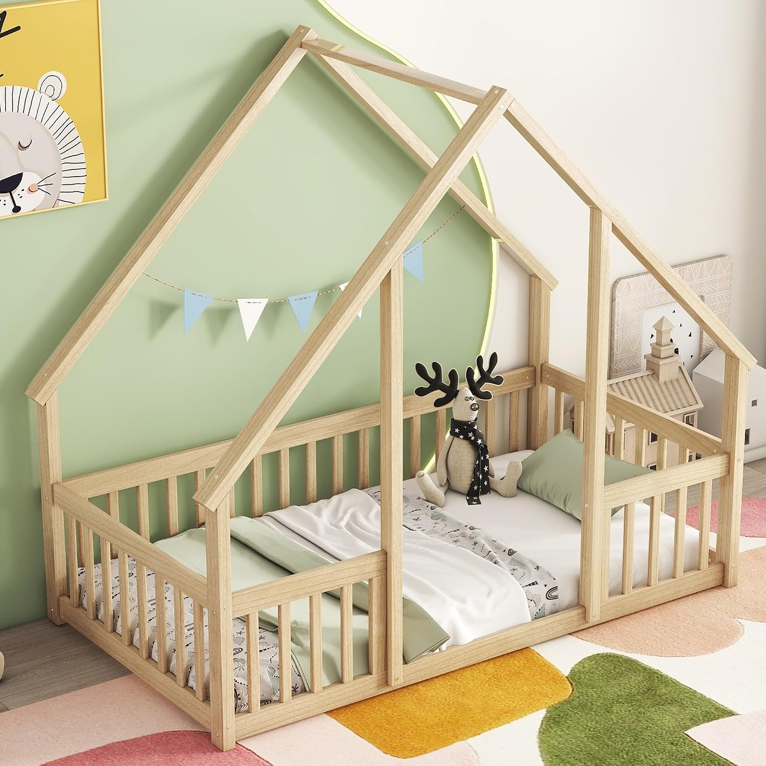 JIVOIT House Bed Twin Size Floor Bed, Wood House-Shaped Floor Bed with Fence Guardrails, Wood House Roof Frame, Montessori Bed Frame (Natural-Twin,129)