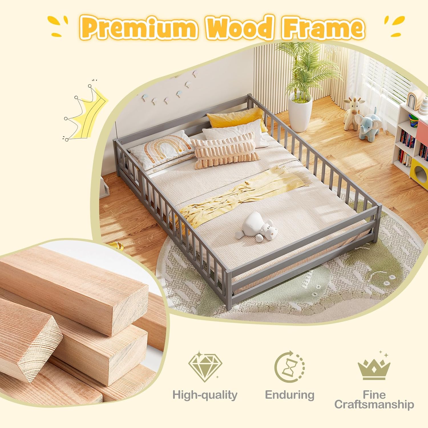 BECOMFORT Full Size Floor Bed for Kids, Kids Wood Bed Frame with Door, Latch & Safety Guardrails, Montessori Bed for Boys Girls