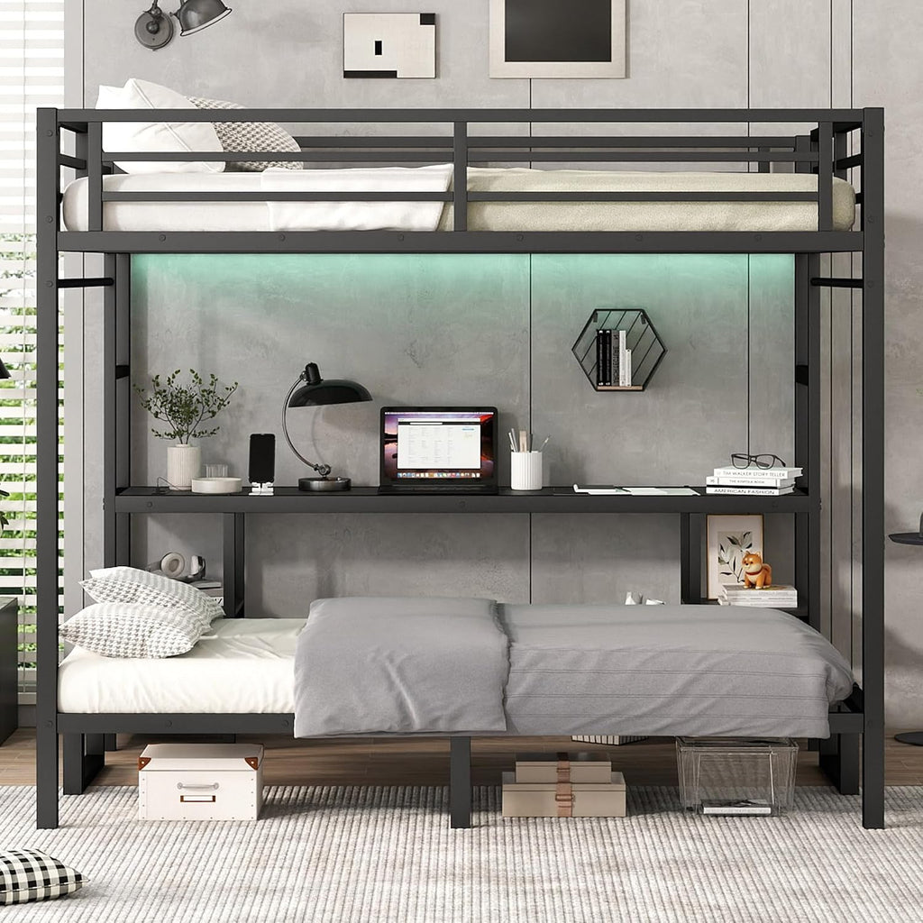 JIVOIT Queen Over Twin XL Metal Bunk Bed/Loft Bed, Multi-Functional Folding Design with Desk and Shelves, Multiple Uses Folds into Sofa, No Box Spring Needed