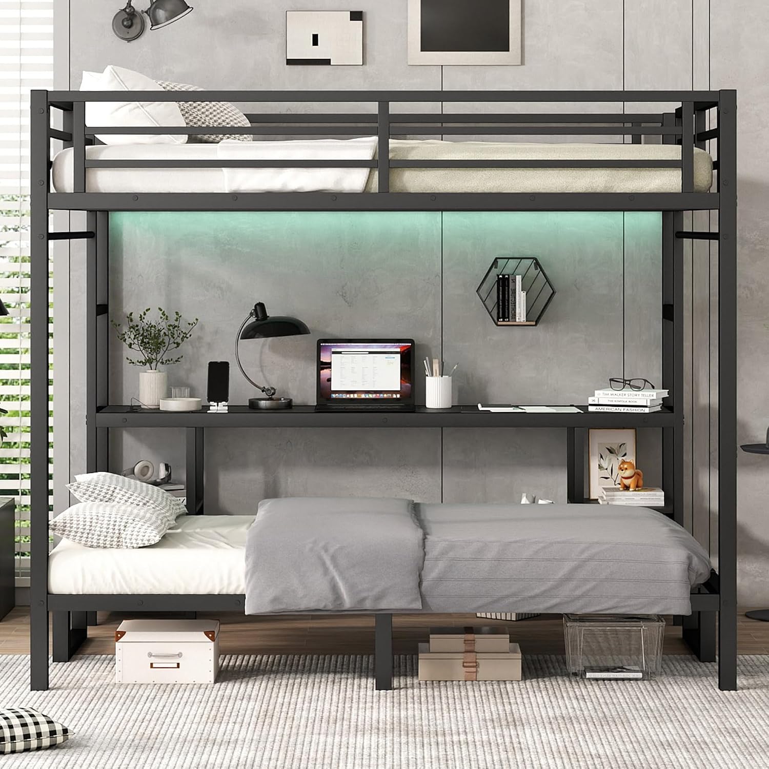 JIVOIT Queen Over Twin XL Metal Bunk Bed/Loft Bed, Multi-Functional Folding Design with Desk and Shelves, Multiple Uses Folds into Sofa, No Box Spring Needed