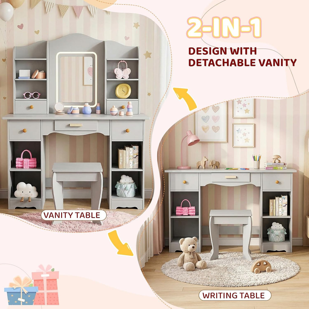 Arlopu Kids Vanity with 3-Color Lights, Girls Vanity Set w/Large Storage, Mirror ＆ Stool, 2 in 1 Princess Wooden Pretend Play Makeup Desk, Dressing Table and Chair, Open Shelves, Drawer (Grey)
