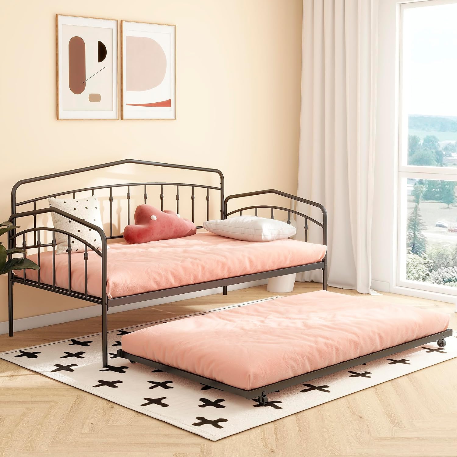 Twin Daybed with Trundle,Metal Sofa Bed Set,Rollaway Daybed Couch Bed Frame for Bedroom Living Room Guest Room Black