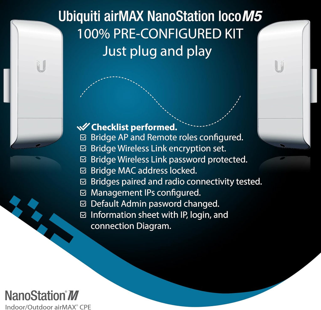 Wireless Bridge Ubiquiti LOCOM5 PRE-CONFIGURED, Bundle of 2 Ubiquiti Nanostation LOCO M5, Point to Point Outdoor WiFi Bridge, Plugh and Play, 5GHz, 150+Mbps, 10+km Link Range, Network Bridge.