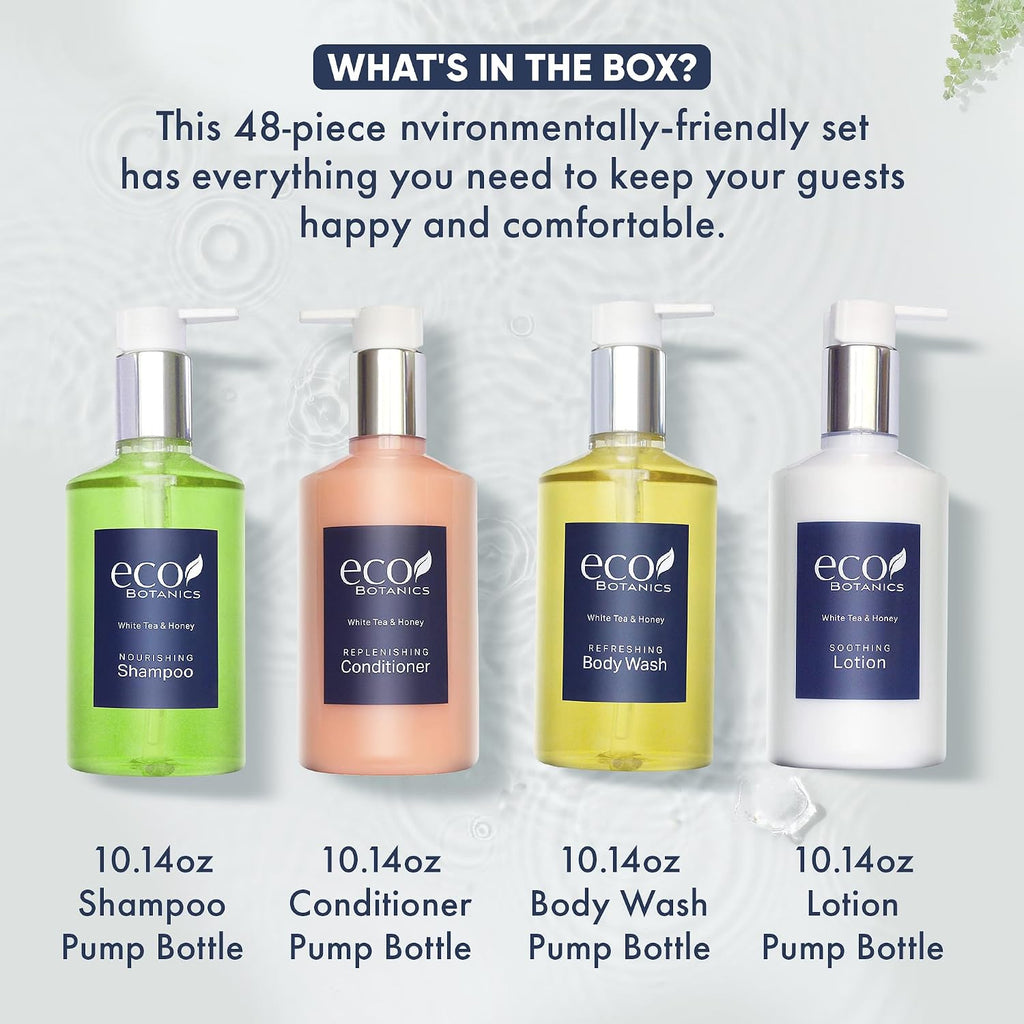 Eco Botanics Hotel Amenities Set | 10.14oz Pump Bottles | Shampoo, Conditioner, Hand & Body Wash, and Lotion | Set of 48