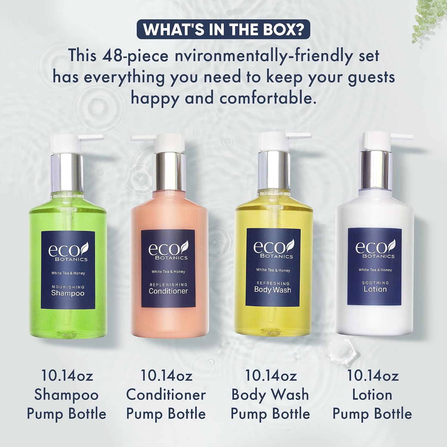 Eco Botanics Hotel Amenities Set | 10.14oz Pump Bottles | Shampoo, Conditioner, Hand & Body Wash, and Lotion | Set of 48