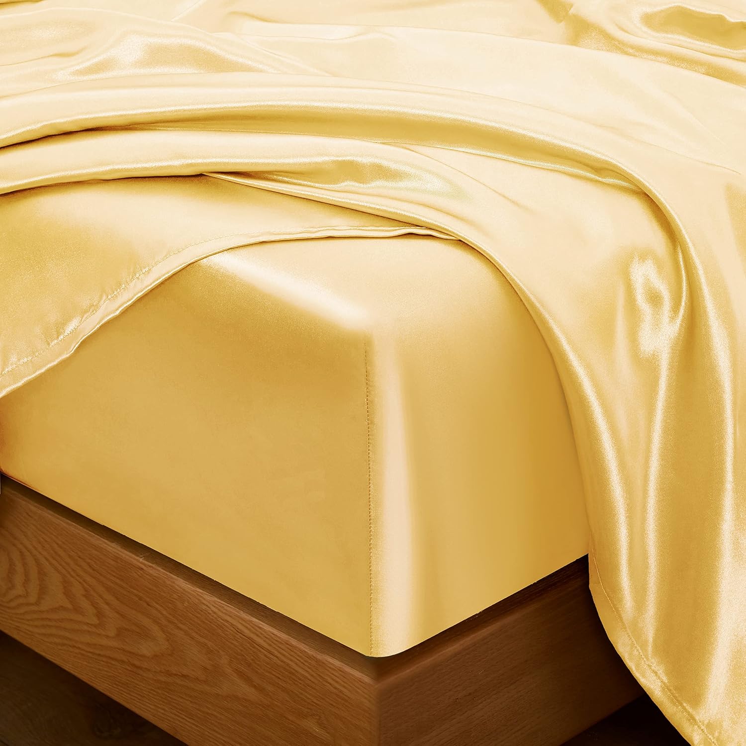 Twin XL Size 4-Piece Sheet Set Premium Mulberry Silk Bed Sheets Set Fits 14-16' Deep Pocket - Luxurious Soft Silk (Solid, Gold)