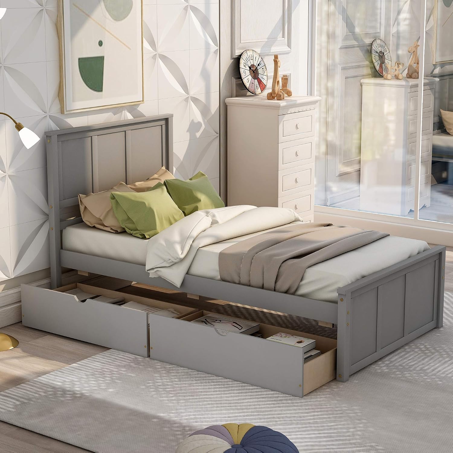 Twin Platform Bed with 2 Drawers and Headboard, Solid Wooden Twin Size Bed Frame with Storage and Wood Slats, Twin Size Platform Bed for Kids,Teens,Adults (Grey)