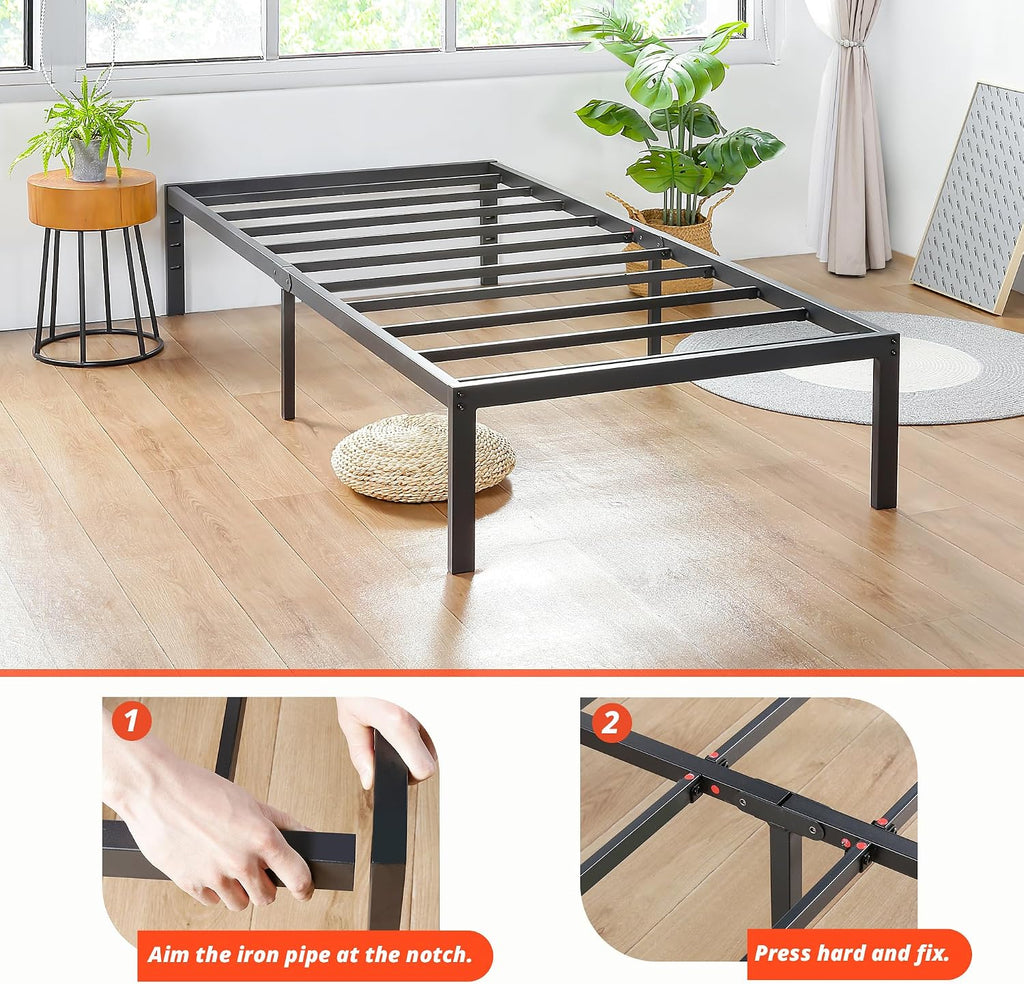 PrimaSleep 14 Inch Heavy Duty Steel Slat Anti-Slip Support, Easy Assembly Platform Bed frame, Noise Free Steel Mattress Foundation, Maximum Storage, No Box Spring Needed, Black, Twin Size