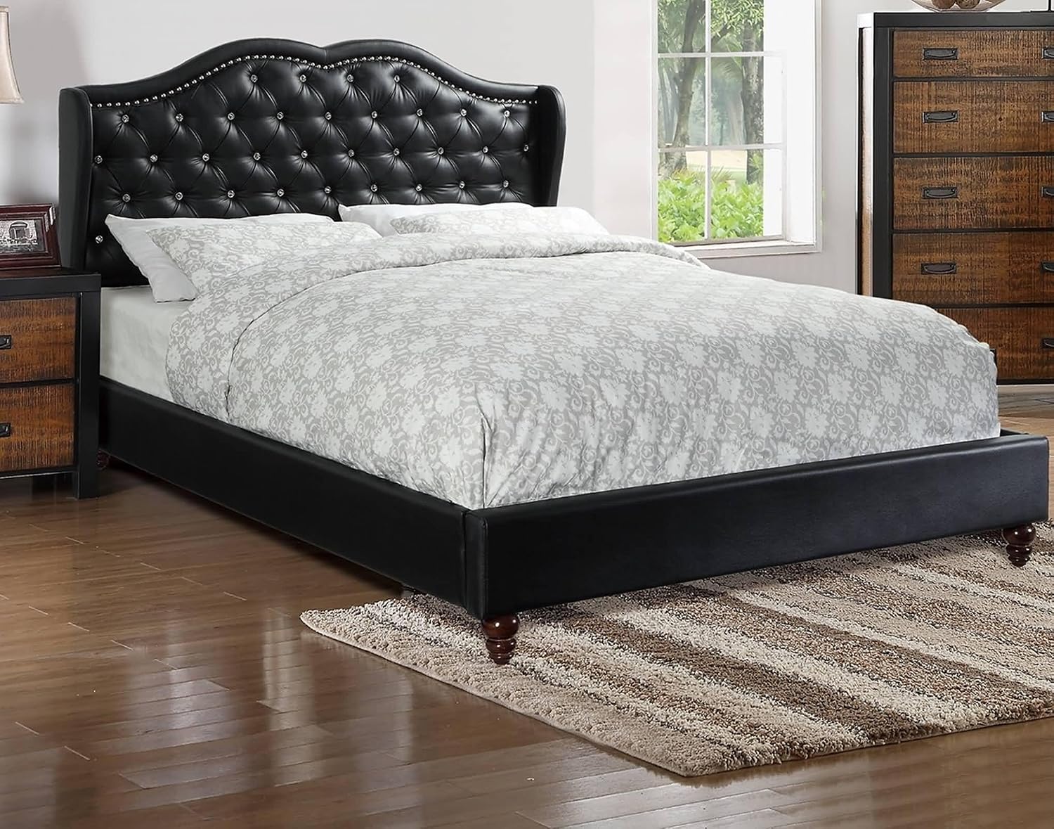 Queen Bed Frame Platform | Queen Size Bed 1Pc Bed Set Black Faux Leather Upholstered Wingback Design Bed Frame Headboard Bedroom Furniture Tufted Upholstered