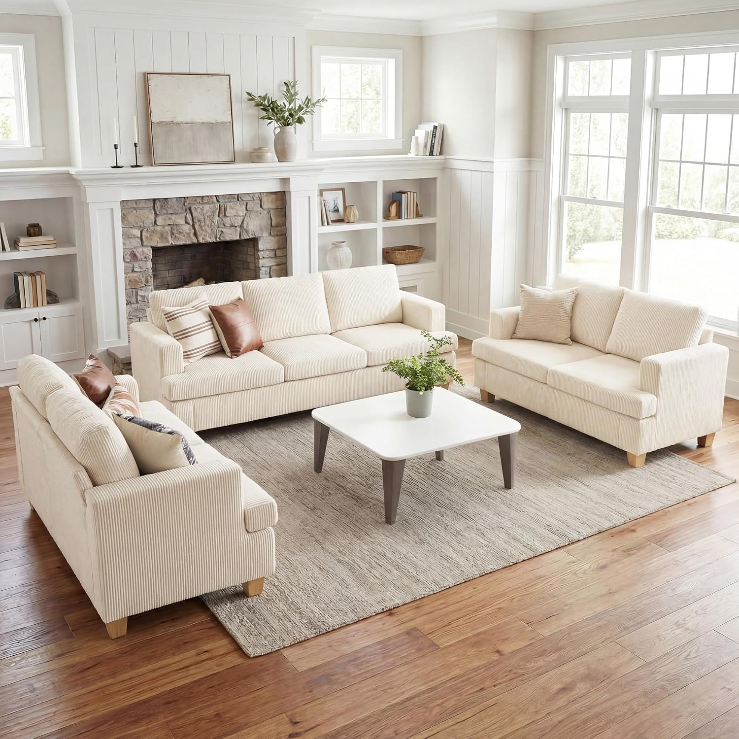 Fiona's magic 3 Pieces Corduroy Couch Set for Living Room, 7 Seats Cloud Sofa, Deep Seat Floor Couch for Bedroom, Futon Modern Sofa Bed, White Corduroy