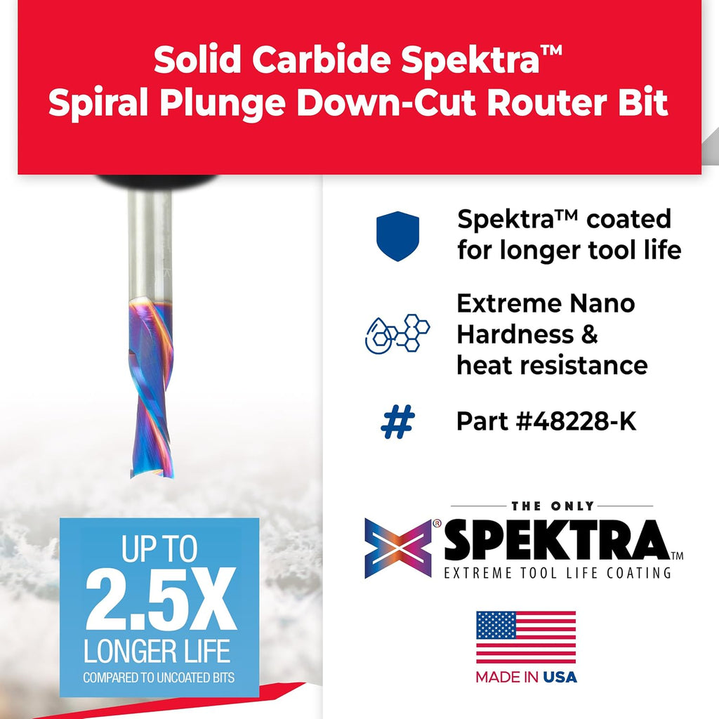 Amana Tool Solid Carbide Spektra Extreme Tool Life Spiral Plunge Router Bit Down-Cut, 48228-K, 12mm Dia x 32mm CH x 12mm Shank 75mm Long