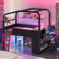 JIVOIT Twin Size Metal Loft Bed with Built-in Side Desk, Gaming Style Metal Low Loft Bed with Storage Cabinets, Chic Canopy Design, Easy Assembly