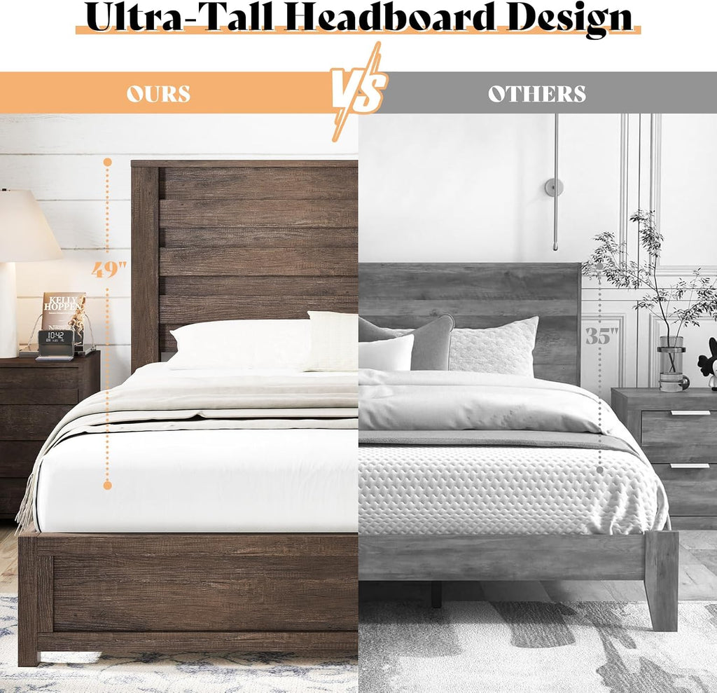 AMERLIFE Farmhouse Queen Size Bed Frame with 49' Fluted Headboard, Wood Platform Bed with Natural Grain, No Box Spring Needed, Noise Free, Grey